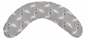 Perna pentru Alaptat Bebeluca Flamingo Grey, fibre siliconice, husa microfibra detasabila, lavabila, alb cu model