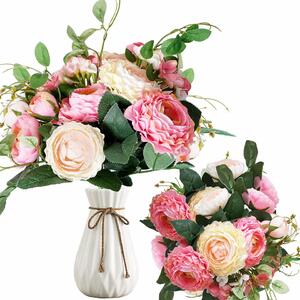 Set de 7 flori artificiale Transplant, plastic, verde/roz, 38,1 cm