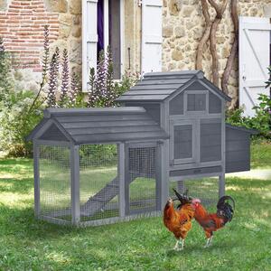 PawHut Coteț prefabricat din lemn pentru 2 găini cu gard pentru grădină 150.5 x 54 x 87cm, gri închis