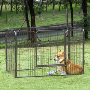 Țarc pentru Câini PawHut, Gard Metalic cu 4 Panouri, Ușă Dublă de Blocare, Tavă Detasabilă, 125x78x80 cm, Gri | Aosom Romania