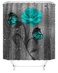 Set baie 4 piese: perdea, covorase si husa de toaleta, Blue Rose