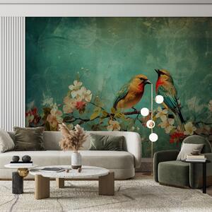 Tapet premium Pasari colorate pe fundal verde
