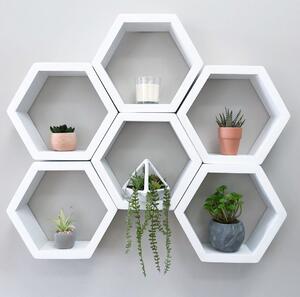 Set 6 rafturi de perete din lemn, in forma hexagonala, cu prindere ascunsa, Circus mediu, alb 32.5 x 28 x 9.5 cm
