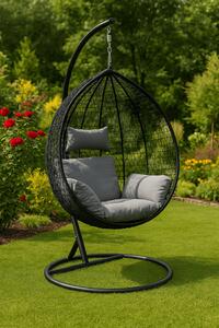 Leagan tip cuib, fotoliu suspendat, maxim 130 kg, cocoon negru si perne gri, JollyMag, KR23