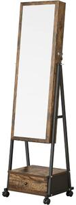 Dulap de bijuterii în picioare cu oglindă și rafturi, cu încuietoare, maro rustic 41x37x152cm