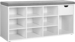 Banchetă depozitare pantofi cu sertar și compartimente deschise, cu șezut căptușit alb și gri 104x30x48cm