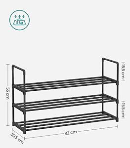 Raft depozitare pantofi cu cadru metalic pe 3 niveluri, negru 92x30x55cm