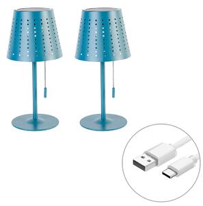 Set de 2 lămpi de masă albastre incluzând LED-uri reîncărcabile și solare cu dimmer cu 3 trepte - Ferre