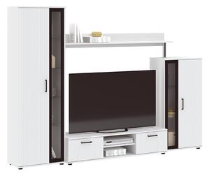 Mobilă pentru sufragerie Bristol 202Alb, Părți separate, Cu comodă tv, Sticlă călită, PAL laminat, 182x256x40cm
