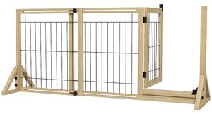 PawHut Gard Extensibil pentru Câini, Gard de Siguranță pentru Animale cu Ușă și 2 Panouri, Picioare Triangulare, 112-159x70 cm, Lemn Natural | Aosom Romania