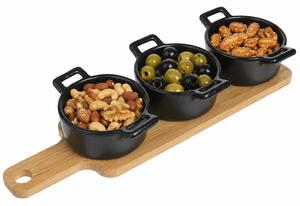 Set 3 boluri ceramice Pufo Simple cu suport din lemn pentru aperitive, gustari, fructe