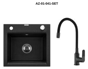 Invena Tesalia, chiuveta granit 1 camera 440x400x160 mm si baterie chiuveta Joga Plus, pete negre, INV-AZ-01-041-SET