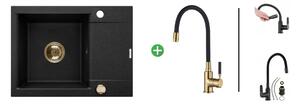 Invena Tesalia, chiuveta granit 1 camera cu scurgere scurta 590x440x160 mm si robinet chiuveta Joga Plus, sifon automat auriu, pete negre, INV-AZ-01-Z42-SET