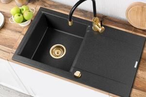Invena Tesalia, Chiuveta granit 1 camera cu scurgere 760x440x160 mm si baterie de bucatarie Glamour cu brat flexibil + sifon automat auriu, INV-AZ-01-Z43-SET