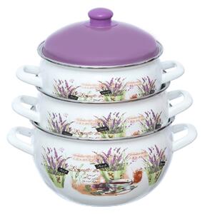 Set 3 oale emailate cu capac Arian, cantitate 3,8 litri, 4,8 litri, 6,2 litri, Mov