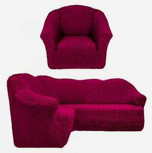 Set Huse elastice si creponate pentru coltar + fotoliu, fara volanas, culoare Bordo