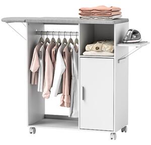 HOMCOM Dulap Multifuncțional cu Masă de Călcat | Blat din Tesatura Efect In | 3 Rafturi | Ghidaj pentru Agățat | 127x42.5x99 cm | Alb | Aosom Romania