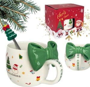 Cană ceramică, de Crăciun, cu fundă verde și linguriță, 400ml, KB25ZIE, eCarla