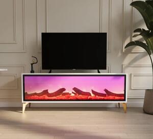 RESIGILAT- Comoda TV cu șemineu electric, Alb/Auriu, 160x40x45 cm