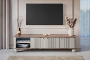 Comodă TV Vesper 187 cm cu trei uși - kaszmir / nuc / mânere aurii / picioare sferice