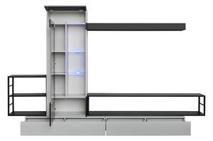 Mobila Living-sufragerie camera de zi , negru perlat gri perlat , 300 cm lungime, usi deschidere push open, vitrina iluminata led