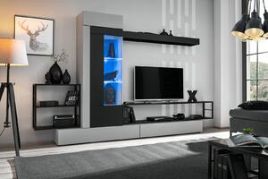 Mobila Living-sufragerie camera de zi , negru perlat gri perlat , 300 cm lungime, usi deschidere push open, vitrina iluminata led