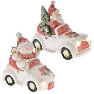 Decorațiune Crăciun - Moș Crăciun in masina alba cu roșu si gliter