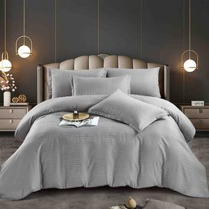 Lenjerie de pat, 2 persoane, damasc, cu elastic, UniDeluxe, gri deschis, LDA256
