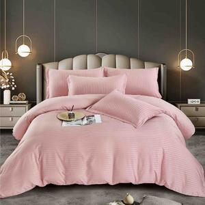 Lenjerie de pat, 2 persoane, damasc, cu elastic, UniDeluxe, roz , LDA258