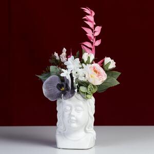 Aranjament floral, Statuetă din ceramică cu flori artificiale, Albă