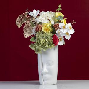Aranjament floral, statuetă din ceramică cu flori artificiale, albă