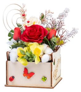 Aranjament in cutie de lemn pătrată cu flori artificiale și flori de mătase