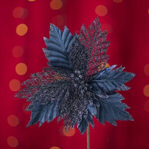 Floare decorativa de Craciun din catifea cu glitter, Albastra