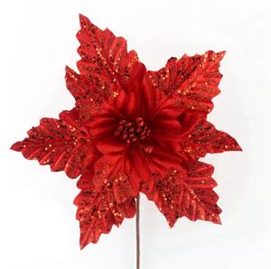 Floare decorativa pentru Craciun din catifea cu glitter, Rosie