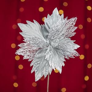 Floare decorativa pentru Craciun cu glitter, Argintie