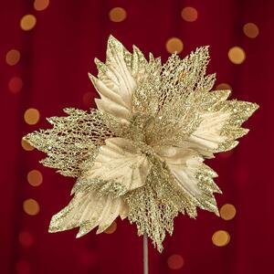 Floare decorativa pentru Craciun din catifea cu glitter, Aurie