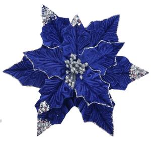 Floare decorativa pentru Craciun din catifea cu glitter, Albastra
