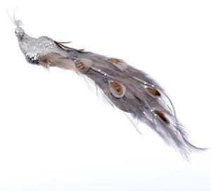 Decoratiune Craciun, Pasare, Paun cu strasuri și pene naturale, 30 cm, Argintiu