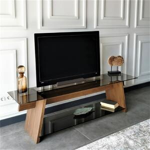 Comoda TV201, stejar, lemn de pin/sticla, 158x40x45 cm