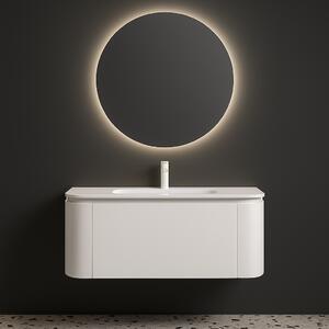 Set Mobilier Baie Suspendat Alb Mat cu Lavoar Ceramic si Oglinda Rotunda LED GGS34