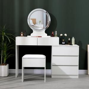 Set Blanca, Masa de toaleta pentru machiaj, cu oglinda iluminata banda LED, control touch, comoda, taburet cu spatiu de despozitare, Alb