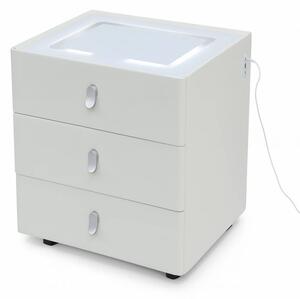 Noptieră inteligentă, încărcare Wireless și port USB+USB C, 3 sertare, 3 tipuri de iluminare LED touch, 3 tipuri de culoare, sticla securizata, Alb