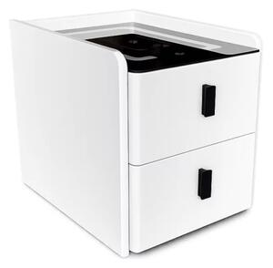 Noptiera inteligenta slim cu incarcare wireless, iluminare LED si 2 sertare – culoare alb, design modern din sticla si lemn