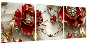 Tablou - Flori 3D Roșu-Auriu (cu ceas) (90x30 cm)