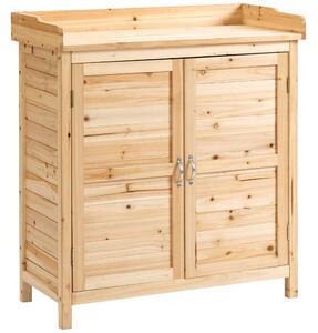 Dulap de exterior Outsunny cu 2 rafturi din lemn de brad cu design înălțat și 2 uși, 83x40x92 cm, culoarea lemnului | Aosom Romania