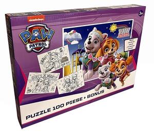 Puzzle 100 de piese Paw Patrol + bonus: 3 foi de colorat + 4 creioane colorate