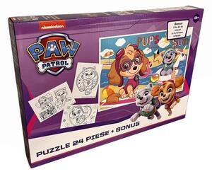 Puzzle 24 de piese Paw Patrol + bonus: 3 foi de colorat + 4 creioane colorate