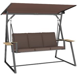 Outsunny Balansoar de Grădină cu 3 Locuri și Acoperiș Reglabil, Balansoar de Exterior din Metal cu Tăvi pentru Băuturi, Perne Imbătute, Capacitate 360kg, pentru Terasă sau Balcon, 222x131x175 cm, Maro | Aosom Romania