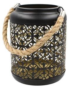 Felinar decorativ, din metal, cu model perforat floral și mâner din sfoară, 17 cm, Arti Casa