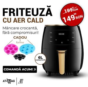 Pachet Promotional Friteuza fara Ulei cu aer cald, AT PERFORMANCE®, 2400 W, Functie de Coacere, 6l Air Fryer + 3 forme cadou !